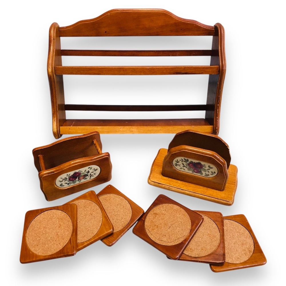 VTG Wood Countertop Trinket Shelf Spice Rack Napkin Coaster Holders Set Cottage